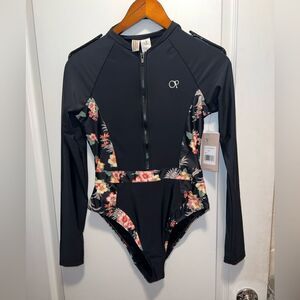 OP Black and Pink One Piece Swimsuit with Floral Panels